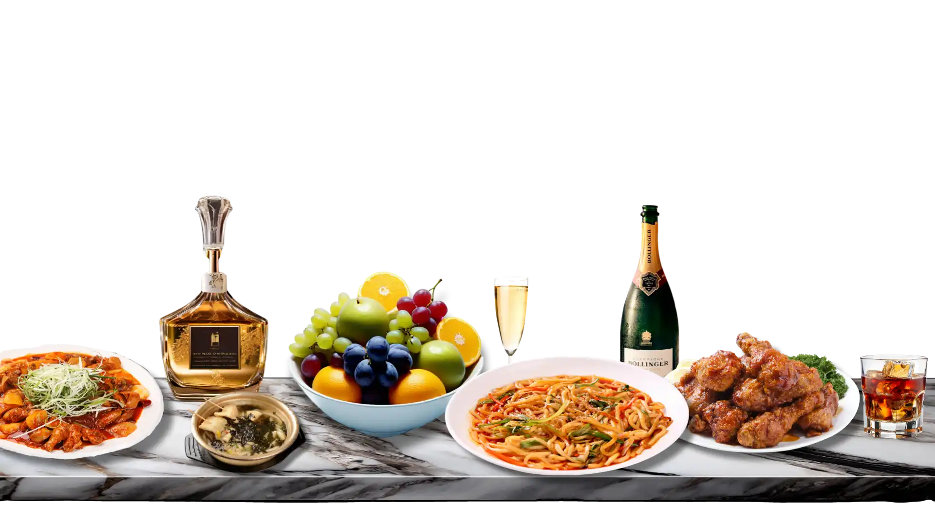A ZEUS table spread: Korean, Chinese and Thai dishes, fresh fruit, champagne and spirits